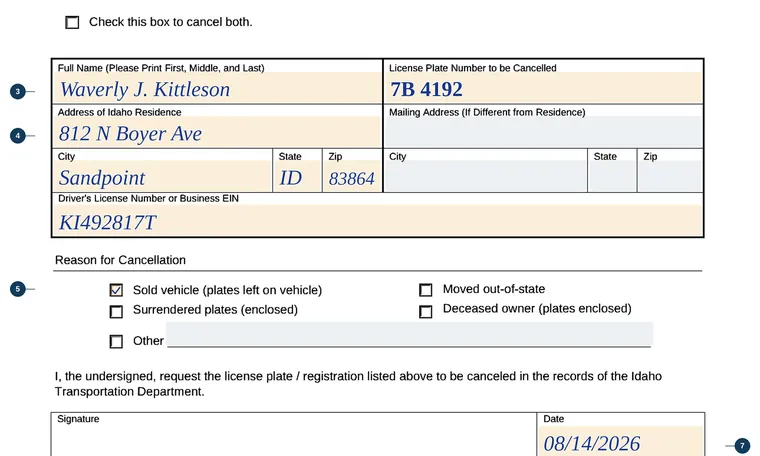 Part of our filled-in example of Idaho 3438, License Plate Cancellation Request, showing the filled-in entries