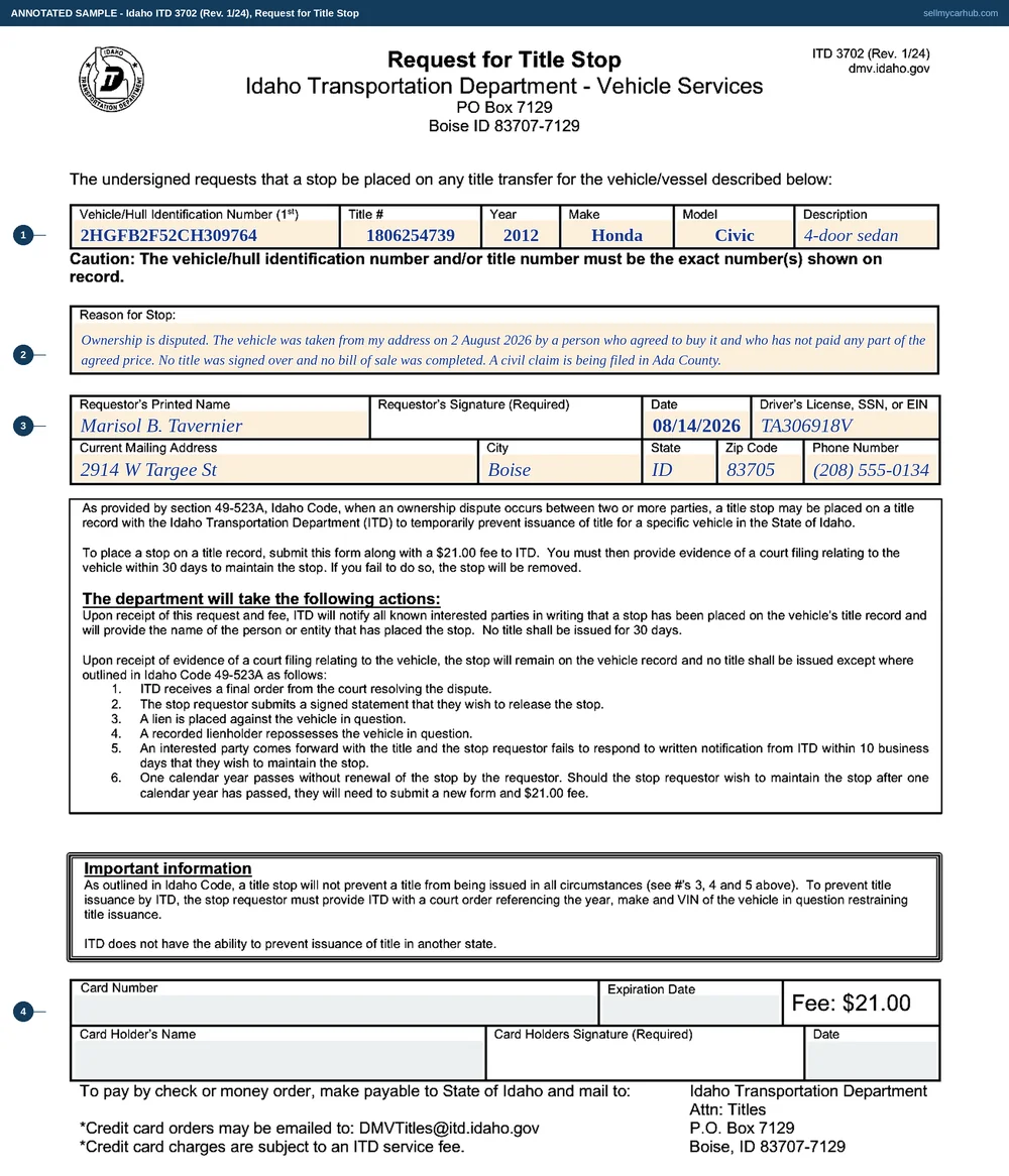 Idaho form ITD 3702, Request for Title Stop, filled in by Marisol B. Tavernier of Boise for a 2012 Honda Civic, vehicle identification number 2HGFB2F52CH309764, title number 1806254739, giving the reason for the stop as a disputed transfer where the vehicle was taken without the agreed payment being made.