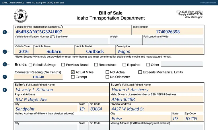 Top of our filled-in example of Idaho 3738, Bill of Sale