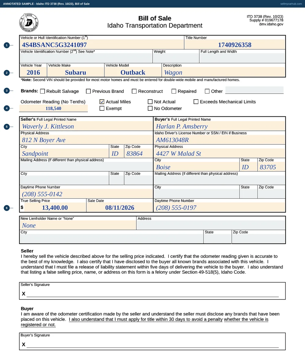 Idaho form ITD 3738, Bill of Sale, filled in: a 2016 Subaru Outback wagon, vehicle identification number 4S4BSANC5G3241097, sold by Waverly J. Kittleson of Sandpoint to Harlan P. Amsberry of Boise on 11 August 2026 for $13,400.00, with the odometer at 118,540 actual miles and no lienholder.