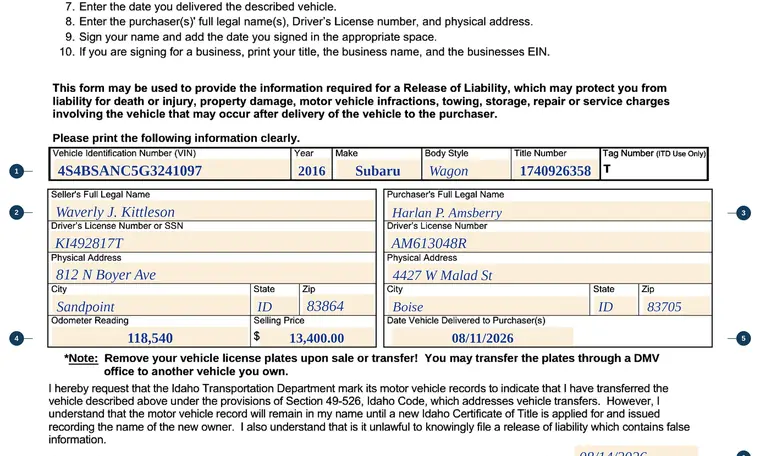 Part of our filled-in example of Idaho 3858, Notice of Release of Liability, showing the filled-in entries
