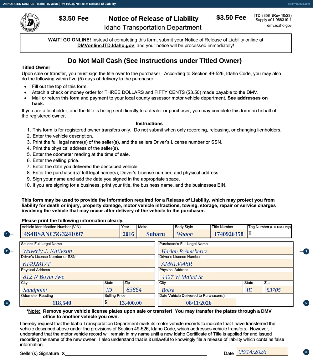 A completed Idaho Notice of Release of Liability, form ITD 3858, showing the vehicle identification number, year, make and body style of a 2016 Subaru Outback, the title number, the seller's name and Sandpoint address, the purchaser's name and Boise address, an odometer reading of 118,540 miles, a selling price of $13,400.00 and a delivery date of 11 August 2026.