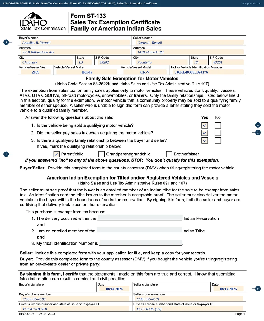 Idaho Form ST-133, Sales Tax Exemption Certificate for family sales, filled in for a 2009 Honda CR-V, vehicle identification number 5J6RE48369L024176, sold by Curtis A. Yarnell of Pocatello to his daughter Annelise R. Yarnell of Chubbuck, with all three family questions answered yes and the parent/child box marked.