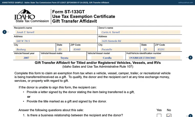 Top of our filled-in example of Idaho ST-133GT, Use Tax Exemption Certificate, Gift Transfer Affidavit