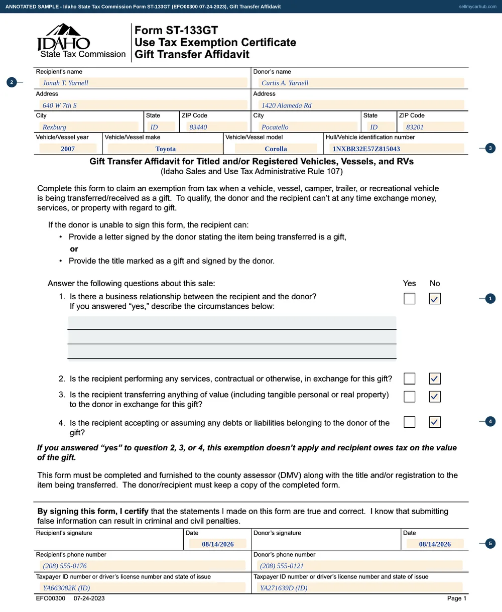 Idaho Form ST-133GT, Gift Transfer Affidavit, filled in for a 2007 Toyota Corolla, vehicle identification number 1NXBR32E57Z815043, given by Curtis A. Yarnell of Pocatello to Jonah T. Yarnell of Rexburg, with question one answered no and questions two, three and four all answered no.