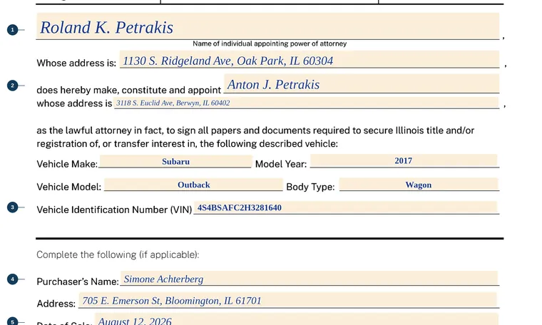 Part of our filled-in example of Illinois RT 5, Power of Attorney, showing the filled-in entries