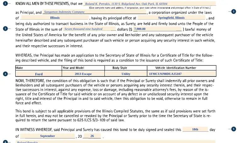 Part of our filled-in example of Illinois RT OPR 23, Security Bond for Registration Without Certificate of Title, showing the filled-in entries