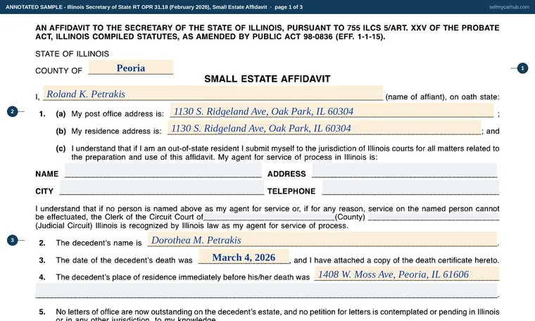 Top of page 1 of our filled-in example of Illinois RT OPR 31, Small Estate Affidavit