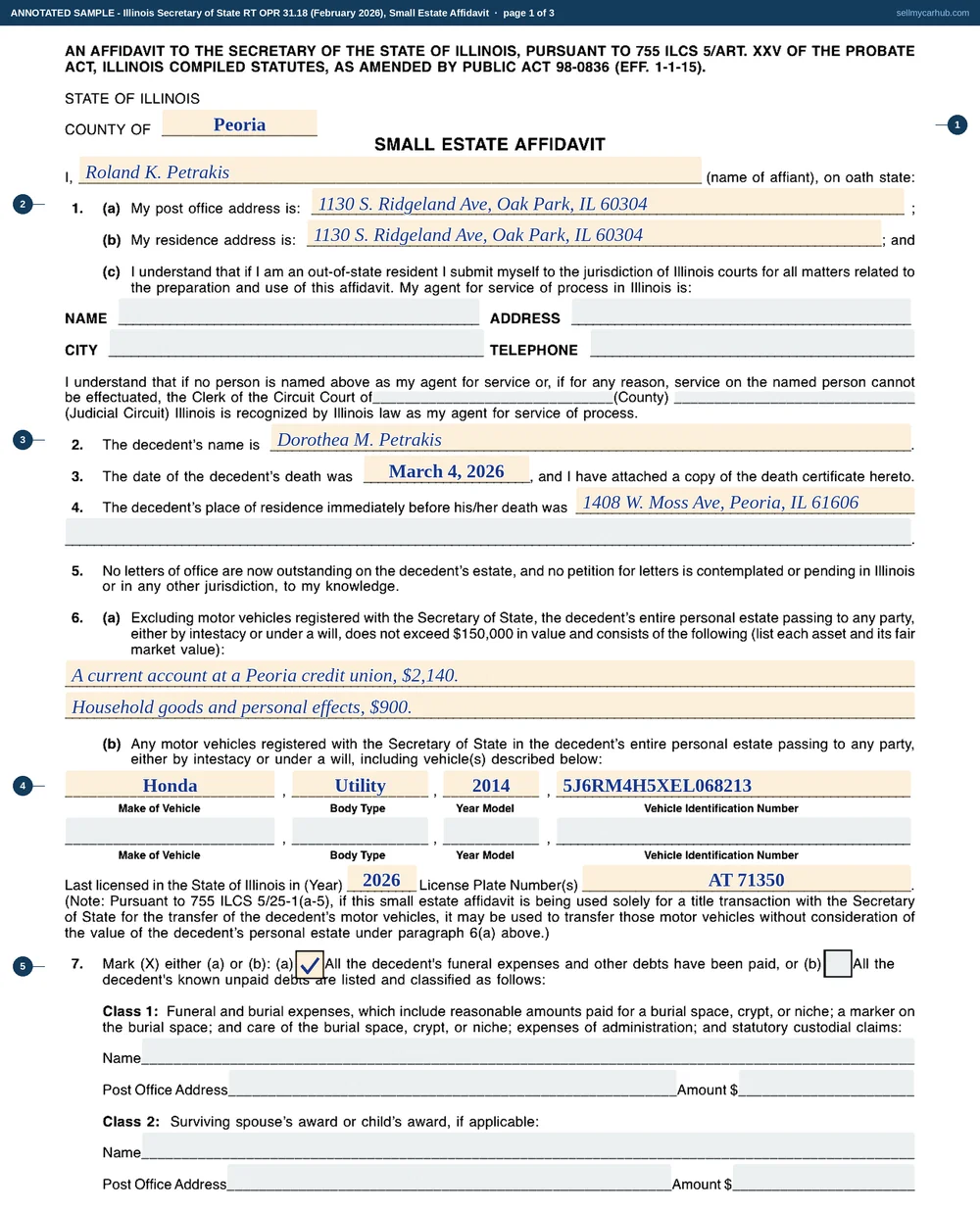 An Illinois RT OPR 31 Small Estate Affidavit filled in across three pages for the estate of Dorothea M. Petrakis of Peoria, who died on 4 March 2026, with a 2014 Honda CR-V, VIN 5J6RM4H5XEL068213, plate AT 71350 in paragraph 6(b), the no-will box ticked in paragraph 10, the vehicle assigned to Roland K. Petrakis in paragraph 11, and a notary block completed for Peoria County.