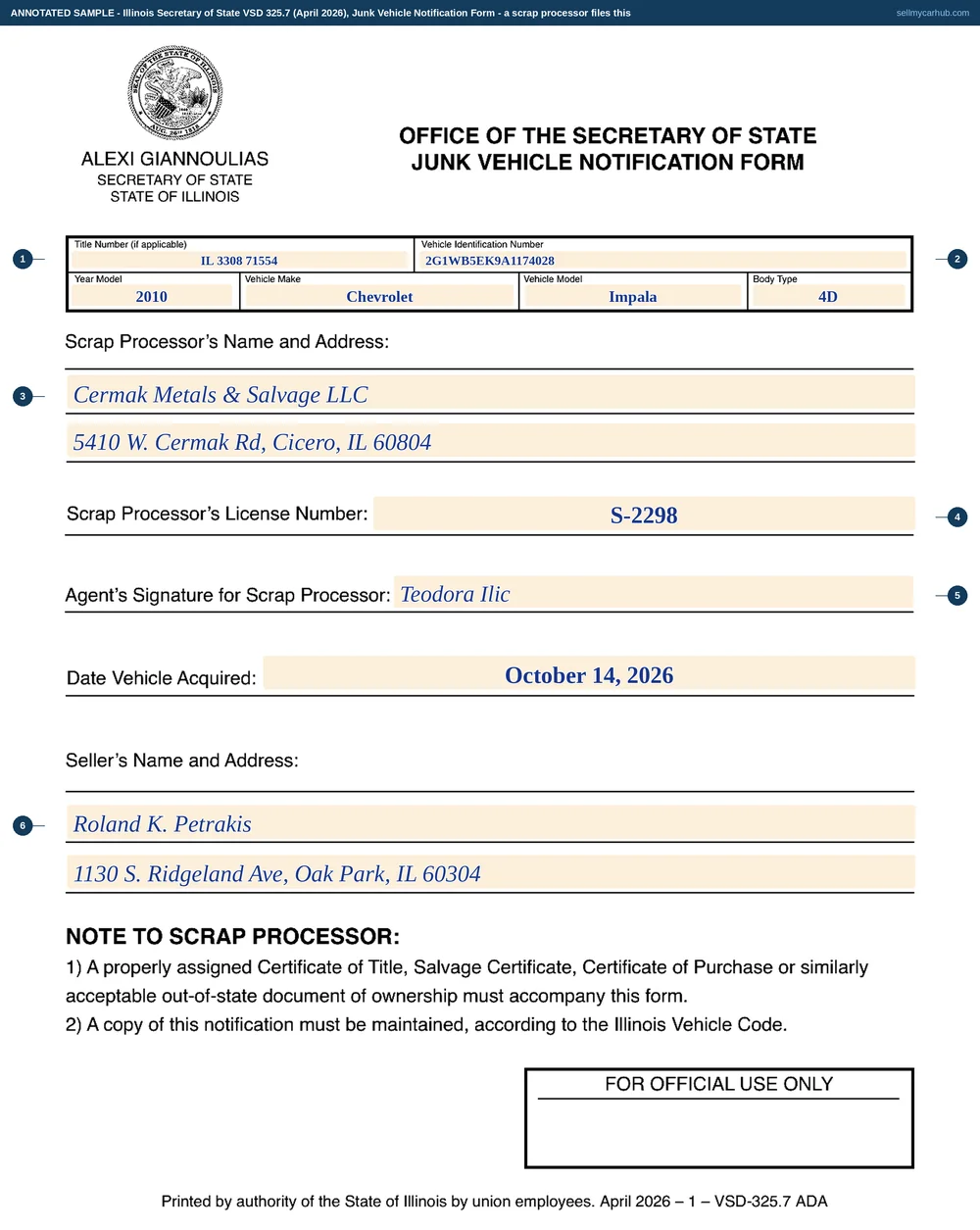 An Illinois VSD 325 Junk Vehicle Notification Form completed by a scrap processor: a 2010 Chevrolet Impala sedan, VIN 2G1WB5EK9A1174028, with a title number, a named scrap processor in Cicero with a licence number and an agent's signature, a date acquired of 14 October 2026, and the seller shown as Roland K. Petrakis of Oak Park.