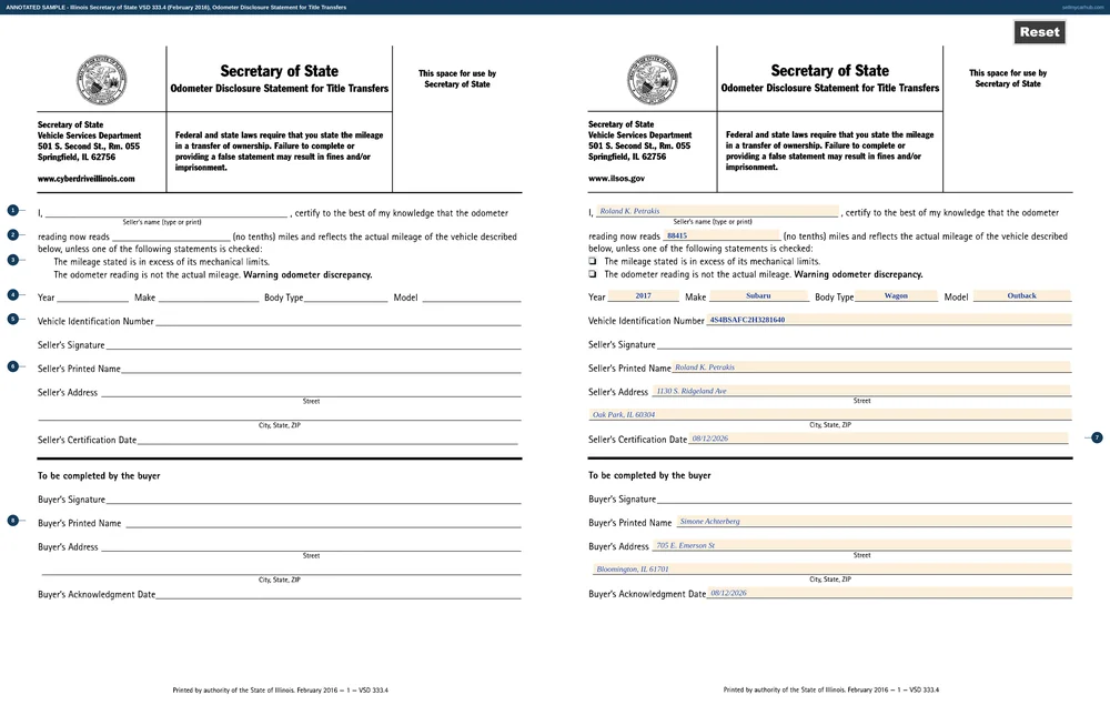 An Illinois VSD 333 odometer disclosure statement, completed on the right-hand copy: Roland K. Petrakis certifying 88415 miles with neither exception box ticked, a 2017 Subaru Outback wagon, VIN 4S4BSAFC2H3281640, an Oak Park address, a certification date of 12 August 2026, and the buyer's half completed for Simone Achterberg of Bloomington with an acknowledgment date the same day.