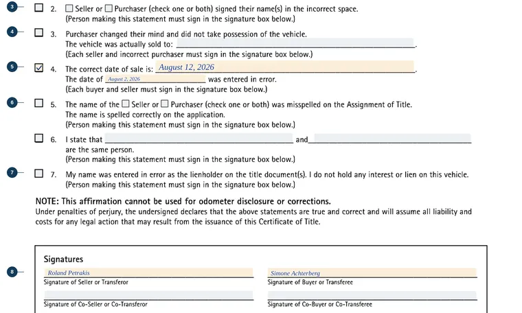 Part of our filled-in example of Illinois VSD 393, Affirmation of Correction, showing the filled-in entries