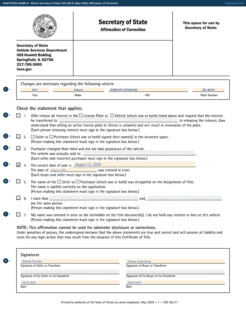 An Illinois VSD 393 Affirmation of Correction filled in for statement 4: a 2017 Subaru Outback, VIN 4S4BSAFC2H3281640, plate BX 40219, the correct date of sale given as 12 August 2026 and the erroneous date as 2 August 2026, signed and dated by Roland K. Petrakis as seller and Simone Achterberg as buyer.