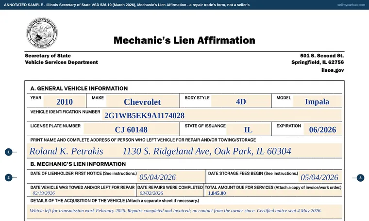 Top of our filled-in example of Illinois VSD 526, Mechanic's Lien Affirmation
