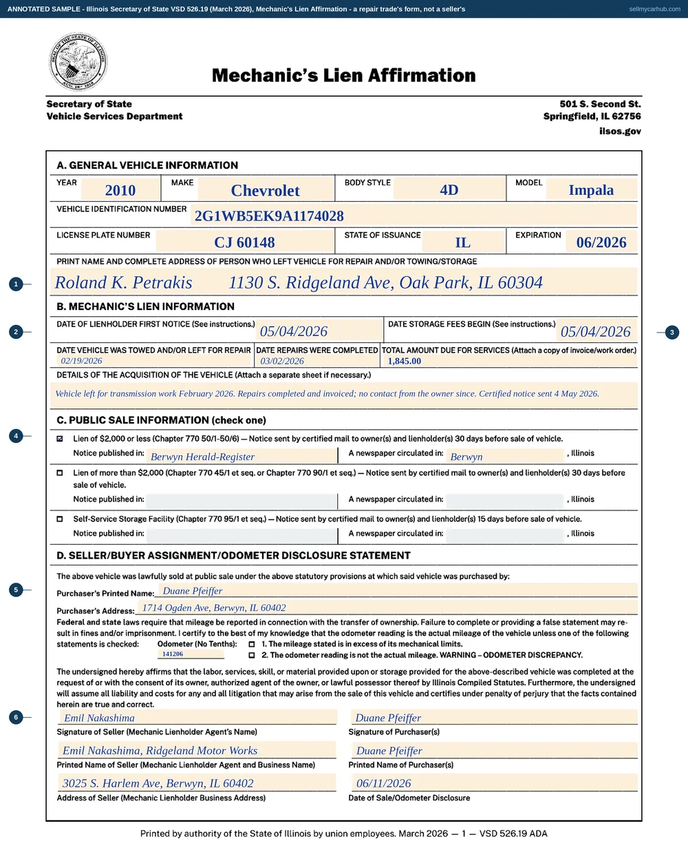 An Illinois VSD 526 Mechanic's Lien Affirmation filled in as a worked example: a 2010 Chevrolet Impala, VIN 2G1WB5EK9A1174028, plate CJ 60148, left for repair by Roland K. Petrakis of Oak Park, notice dates and a total due of 1,845 dollars, the lien-of-2,000-dollars-or-less box ticked with a newspaper name, and the sale assigned to a purchaser with an odometer reading of 141206.