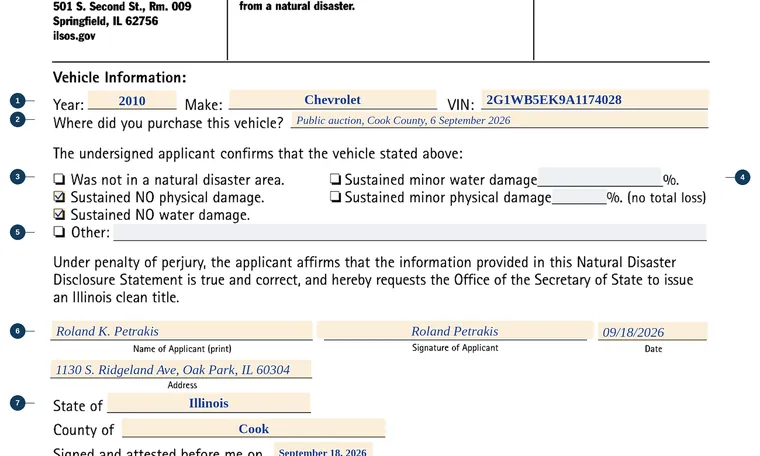 Part of our filled-in example of Illinois VSD 694, Natural Disaster Disclosure Statement, showing the filled-in entries