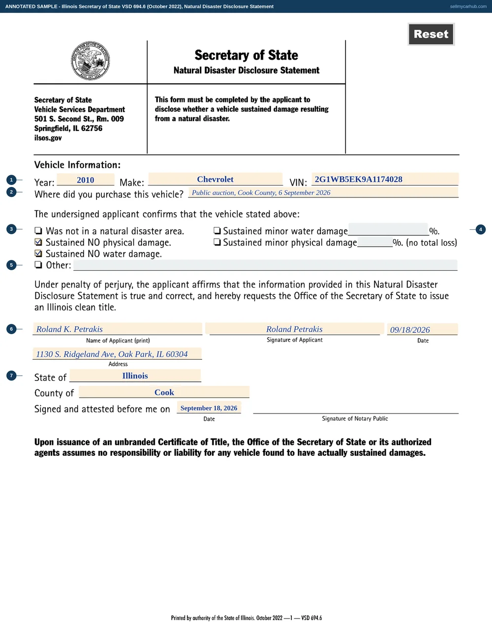 An Illinois VSD 694 Natural Disaster Disclosure Statement filled in for a 2010 Chevrolet Impala, VIN 2G1WB5EK9A1174028, purchased at a Cook County auction, with the sustained-no-water-damage and sustained-no-physical-damage boxes ticked, signed by Roland K. Petrakis of Oak Park and notarised in Cook County on 18 September 2026.