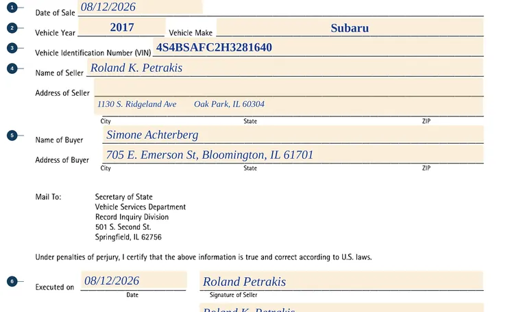 Part of our filled-in example of Illinois VSD 703, Seller's Report of Sale, showing the filled-in entries