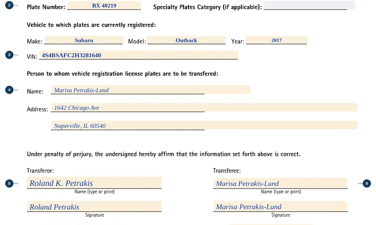 Part of our filled-in example of Illinois VSD 707, Request for Transfer of Vehicle Registration License Plates, showing the filled-in entries