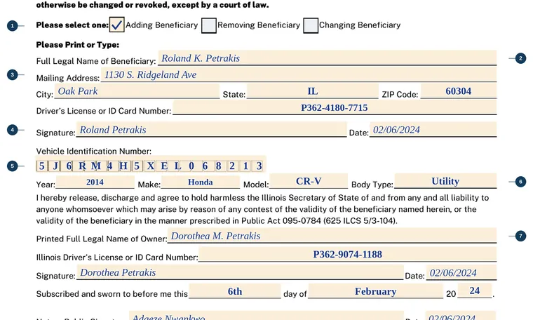 Part of our filled-in example of Illinois VSD 773, Beneficiary Affidavit, showing the filled-in entries