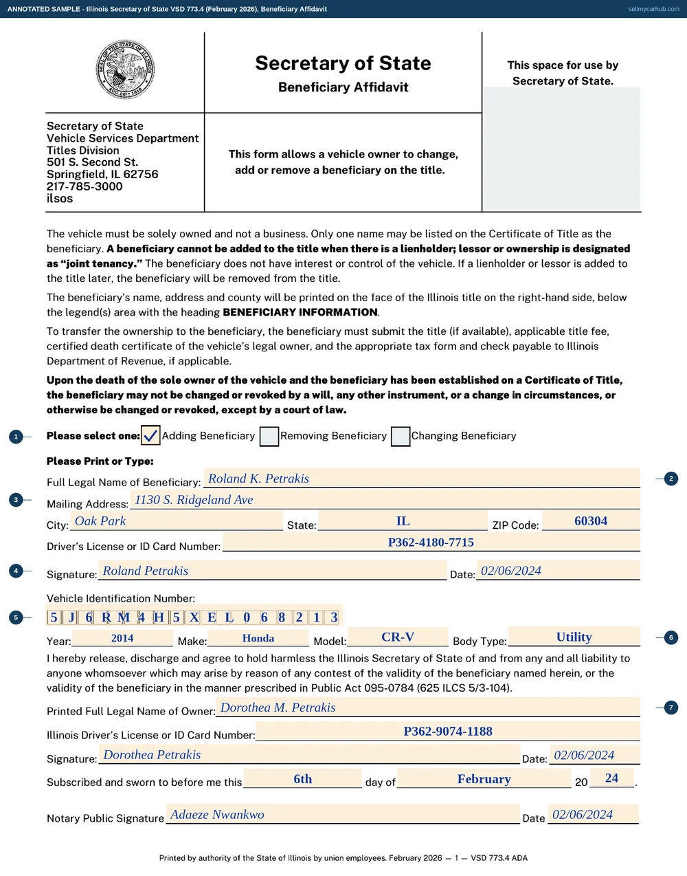 An Illinois VSD 773 Beneficiary Affidavit filled in: the Adding Beneficiary box ticked, beneficiary Roland K. Petrakis of Oak Park with a driver's licence number and signature, a 2014 Honda CR-V, VIN 5J6RM4H5XEL068213 written one character per box, and owner Dorothea M. Petrakis of Peoria signing at the foot.
