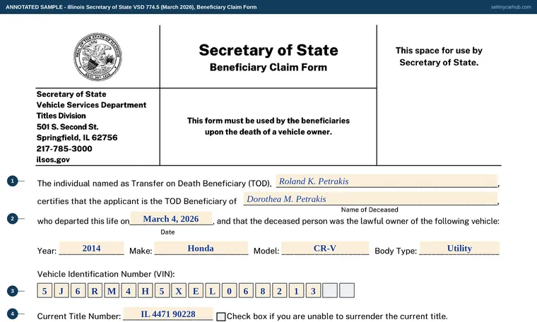 Top of our filled-in example of Illinois VSD 774, Beneficiary Claim Form