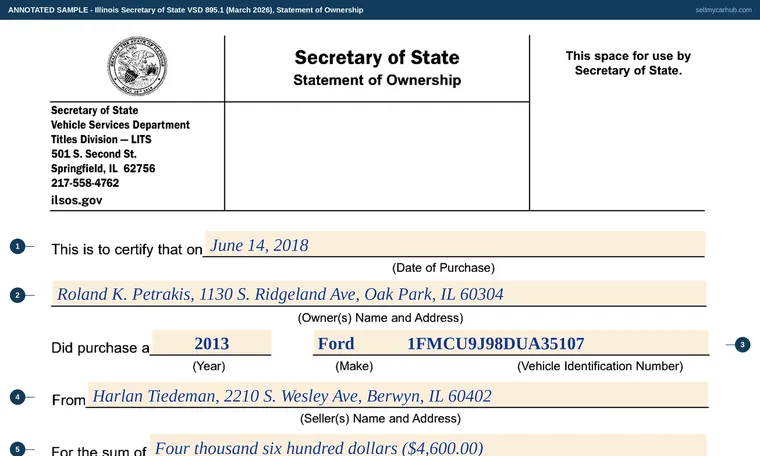 Top of our filled-in example of Illinois VSD 895, Statement of Ownership