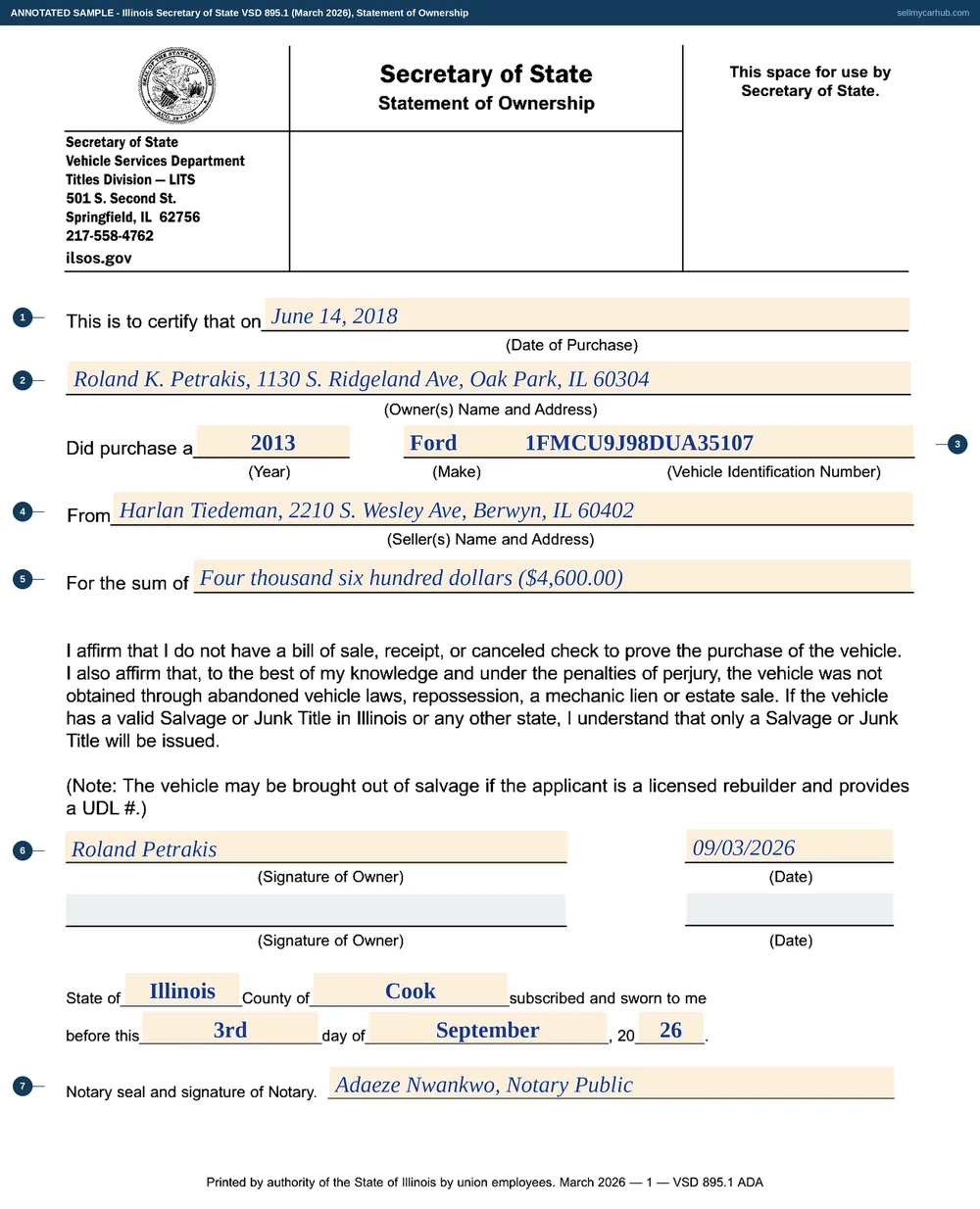 An Illinois VSD 895 Statement of Ownership filled in and ready for a notary: purchased 14 June 2018 by Roland K. Petrakis of Oak Park, a 2013 Ford Escape with VIN 1FMCU9J98DUA35107, bought from a named seller in Berwyn for four thousand six hundred dollars, and the notary block completed for Cook County in September 2026.