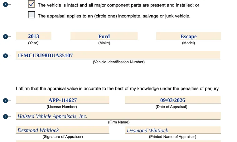 Part of our filled-in example of Illinois VSD 896, Affirmation of Appraisal, showing the filled-in entries