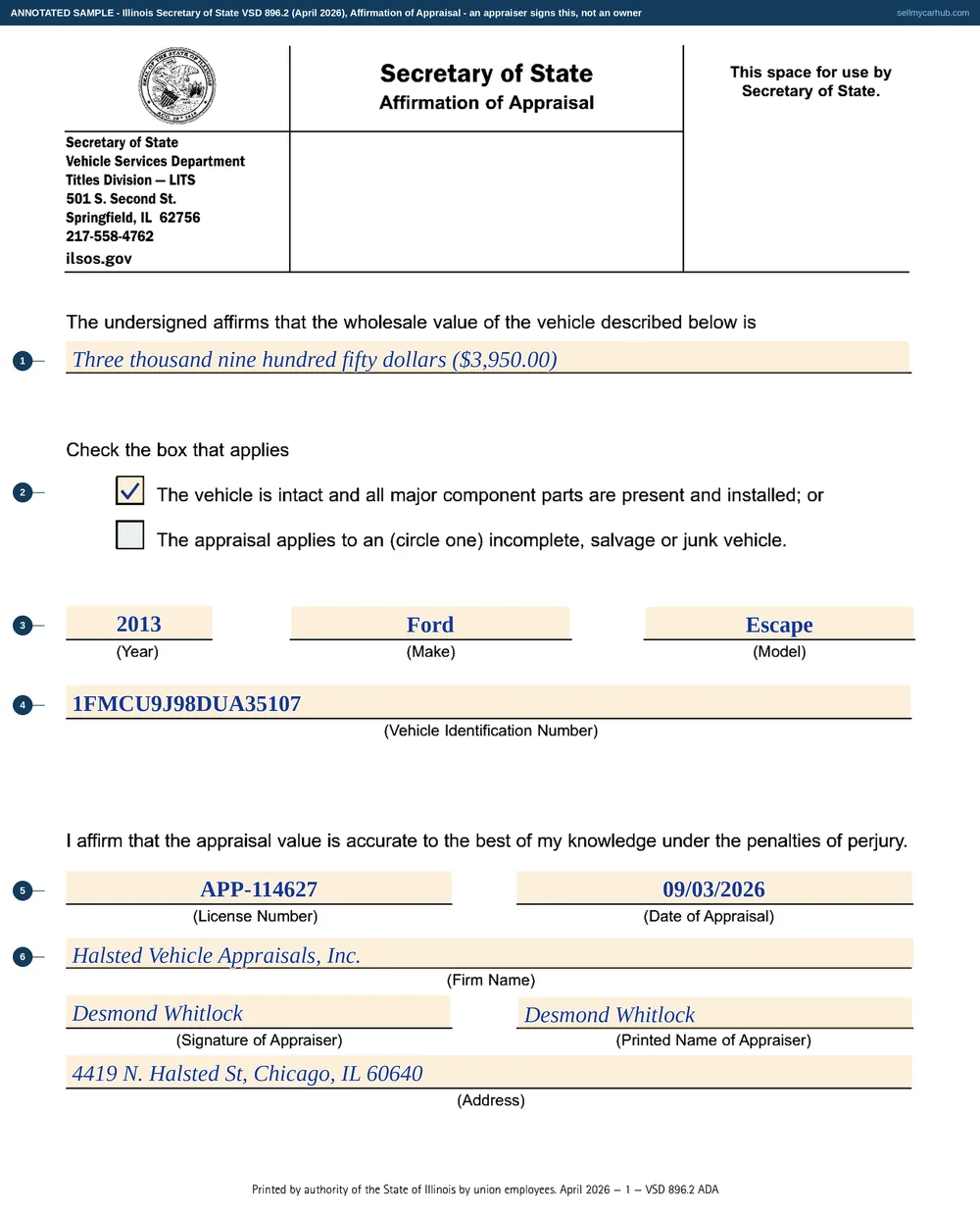 An Illinois VSD 896 Affirmation of Appraisal filled in by an appraiser: a wholesale value of 3,950 dollars, the intact-vehicle box ticked, a 2013 Ford Escape, VIN 1FMCU9J98DUA35107, a licence number, an appraisal date of 3 September 2026, a firm name and the appraiser's signature, printed name and address.