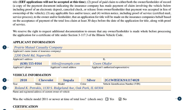 Part of our filled-in example of Illinois VSD 929, Affidavit in Lieu of Certificate of Title for a Salvage or Junk Vehicle, showing the filled-in entries