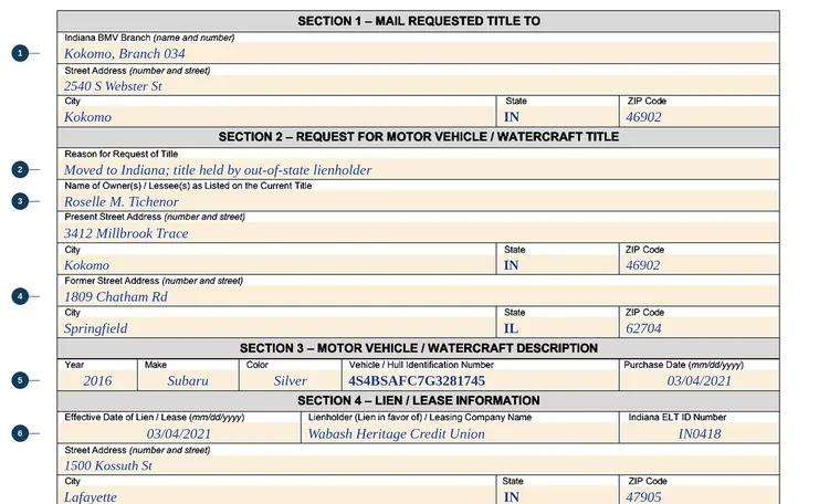 Part of our filled-in example of Indiana State Form 1014, Request for Title, showing the filled-in entries