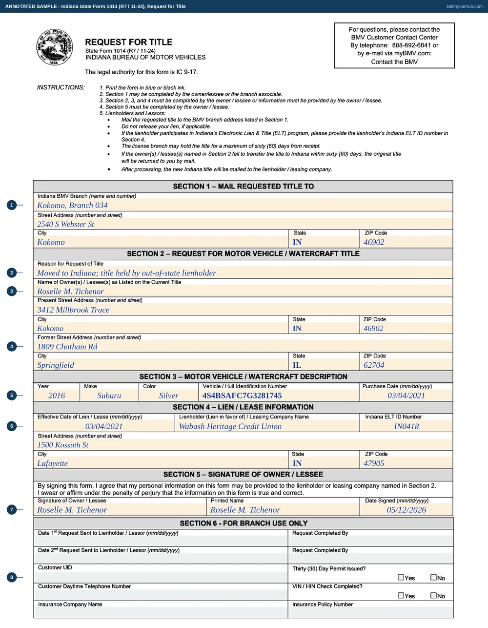 Indiana State Form 1014 filled in: a request routed to the Kokomo BMV branch, owner Roselle M. Tichenor with a present address in Kokomo and a former address in Springfield, Illinois, a 2016 Subaru Outback in silver with VIN 4S4BSAFC7G3281745 purchased 4 March 2021, lienholder Wabash Heritage Credit Union with an effective lien date of 4 March 2021, signed 12 May 2026, and the whole of section six left grey for the branch.