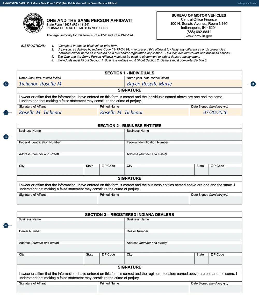 Indiana State Form 13637 filled in: section one declares Tichenor, Roselle M. and Bayer, Roselle Marie to be one and the same person, signed by Roselle M. Tichenor on 30 July 2026, with the business entity and registered dealer sections in the lower two thirds of the page left grey and empty.