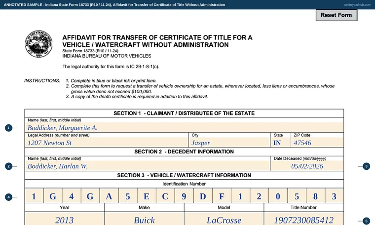 Top of our filled-in example of Indiana State Form 18733, Affidavit for Transfer of Certificate of Title Without Administration