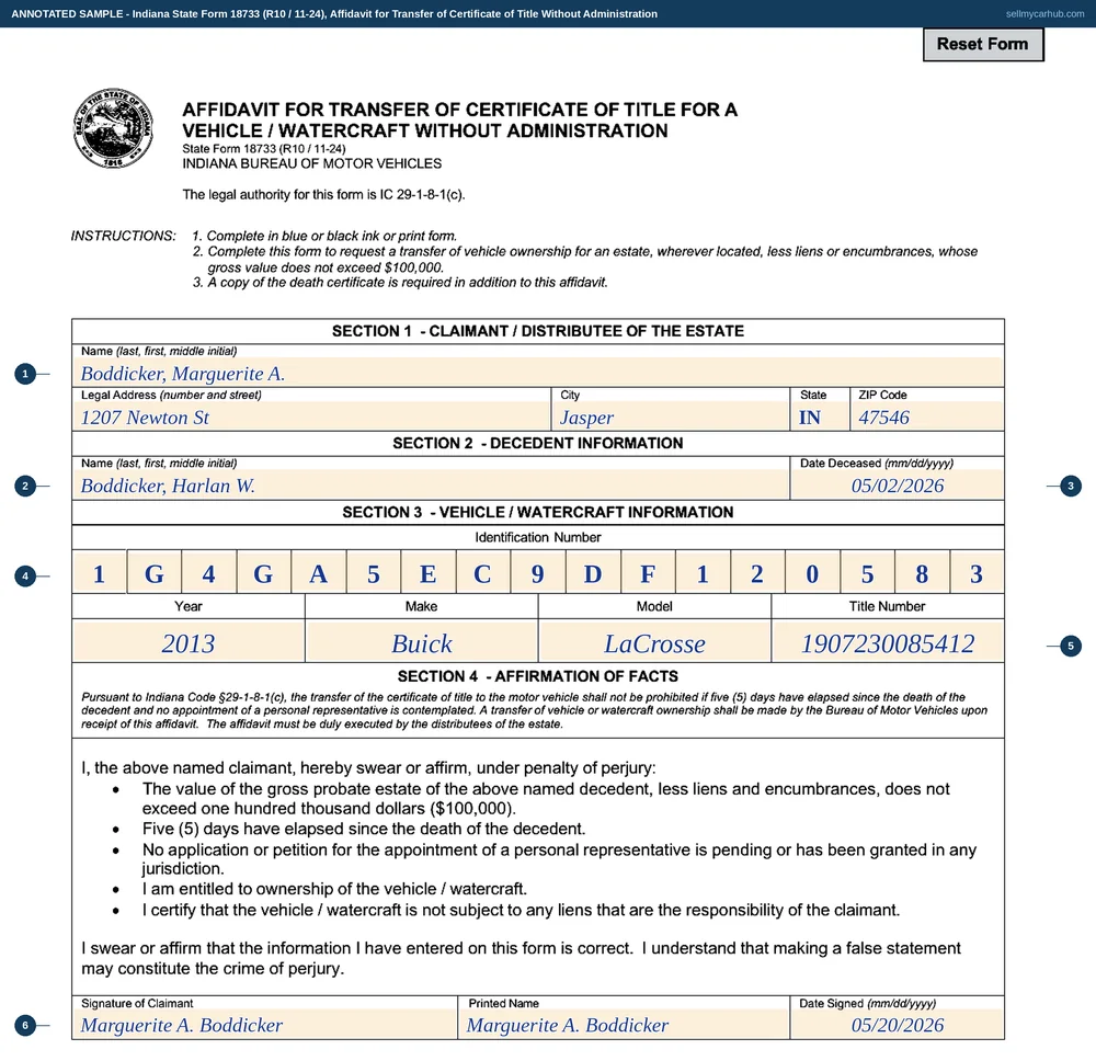 Indiana State Form 18733 filled in: claimant Boddicker, Marguerite A. of 1207 Newton St, Jasper, decedent Boddicker, Harlan W. who died 2 May 2026, a 2013 Buick LaCrosse with VIN 1G4GA5EC9DF120583 and title number 1907230085412, with the claimant's signature dated 20 May 2026.