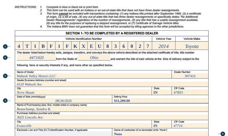 Part of our filled-in example of Indiana State Form 20070, Reassignment of a Vehicle by a Registered Dealer, showing the filled-in entries