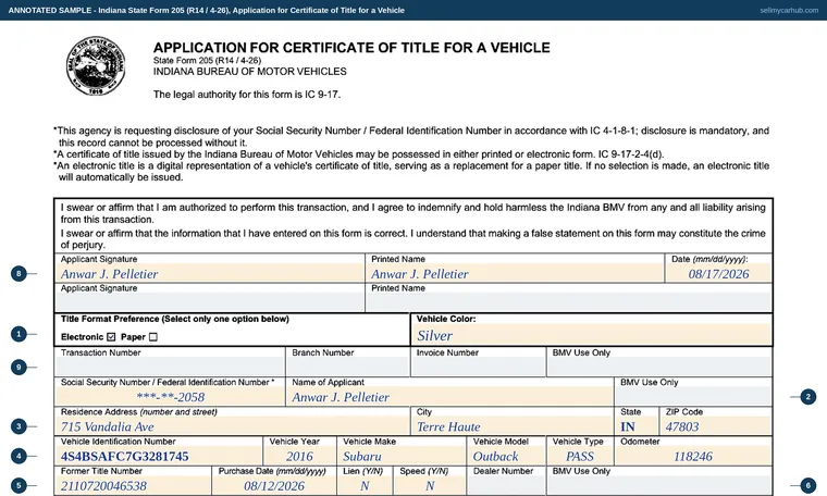 Top of our filled-in example of Indiana State Form 205, Application for Certificate of Title for a Vehicle