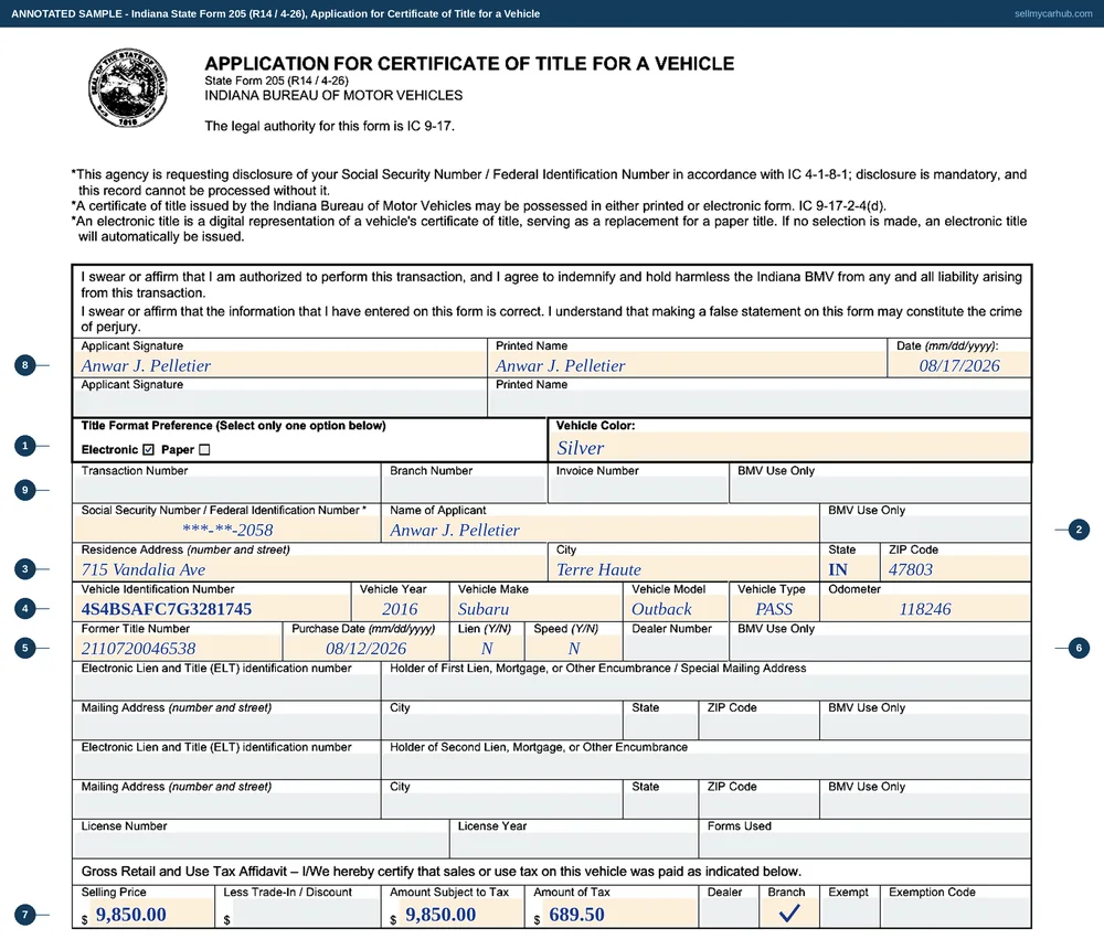 Indiana State Form 205 filled in for a private sale: a 2016 Subaru Outback, VIN 4S4BSAFC7G3281745, applicant Anwar J. Pelletier of Terre Haute, purchase date 12 August 2026, an odometer reading of 118246, the electronic title format box ticked, the lien question answered N, both lienholder blocks left empty, and a selling price of 9,850 dollars carried down to an amount of tax of 689.50.