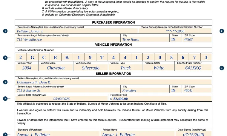 Part of our filled-in example of Indiana State Form 23037, Affidavit of Ownership for a Vehicle, showing the filled-in entries