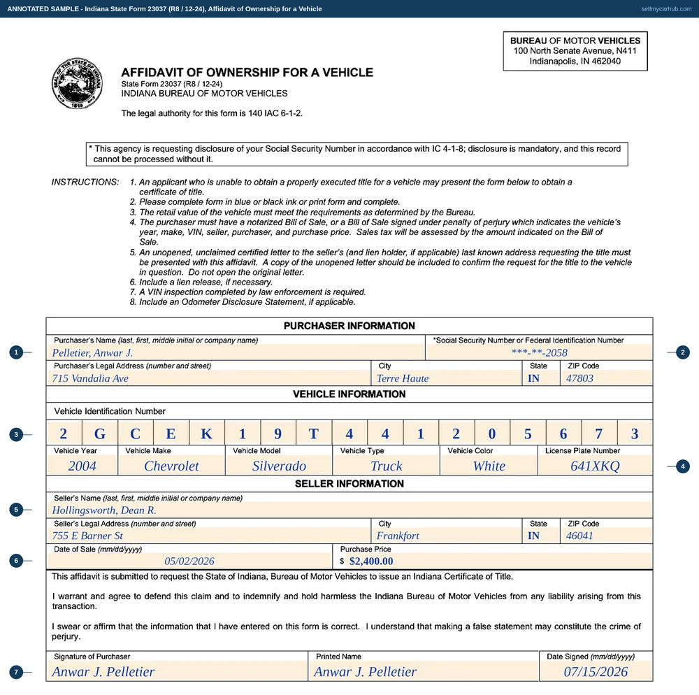 Indiana State Form 23037 filled in: purchaser Pelletier, Anwar J. of Terre Haute, a 2004 Chevrolet Silverado in white, VIN 2GCEK19T441205673, plate 641XKQ, seller Hollingsworth, Dean R. of Frankfort with a date of sale of 2 May 2026 and a purchase price of 2,400 dollars, and one purchaser signature dated 15 July 2026.