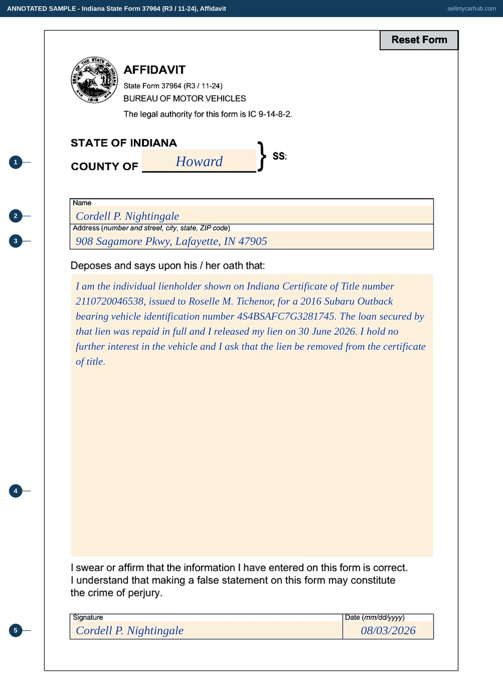 Indiana State Form 37964 filled in as a private lien release: Cordell P. Nightingale of 908 Sagamore Pkwy, Lafayette, swearing in Howard County that he was the lienholder on a 2016 Subaru Outback, VIN 4S4BSAFC7G3281745, titled to Roselle M. Tichenor, that the loan was repaid in full and the lien released on 30 June 2026, signed and dated 3 August 2026.