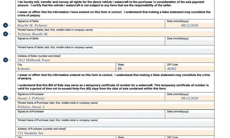 Part of our filled-in example of Indiana State Form 44237, Bill of Sale, showing the filled-in entries