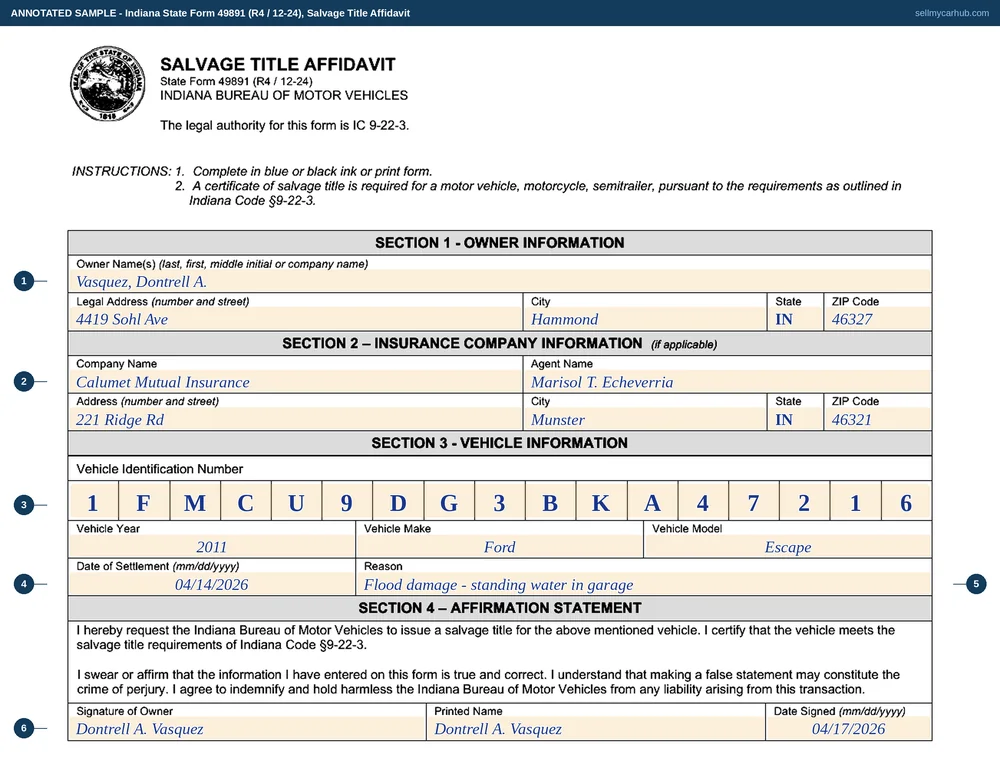Indiana State Form 49891 filled in: owner Vasquez, Dontrell A. of 4419 Sohl Ave, Hammond, insurer Calumet Mutual Insurance with agent Marisol T. Echeverria, a 2011 Ford Escape with VIN 1FMCU9DG3BKA47216, a date of settlement of 14 April 2026, the reason given as flood damage from standing water in a garage, and the owner's signature dated 17 April 2026.