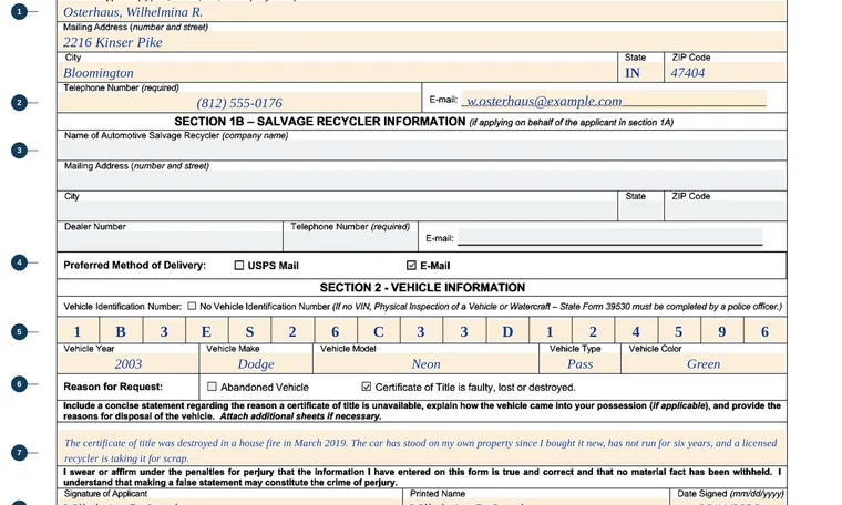 Part of our filled-in example of Indiana State Form 55018, Application for Certificate of Authority - Disposal of a Vehicle, showing the filled-in entries
