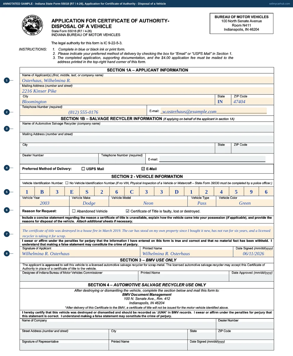 Indiana State Form 55018 filled in: applicant Osterhaus, Wilhelmina R. of Bloomington with a telephone number and e-mail, the E-Mail delivery box ticked, a 2003 Dodge Neon in green with VIN 1B3ES26C33D124596, the reason ticked as Certificate of Title is faulty, lost or destroyed, a written statement explaining that the title was destroyed in a house fire and the vehicle has not run for six years, and the applicant's signature dated 11 June 2026, with the salvage recycler section left grey.