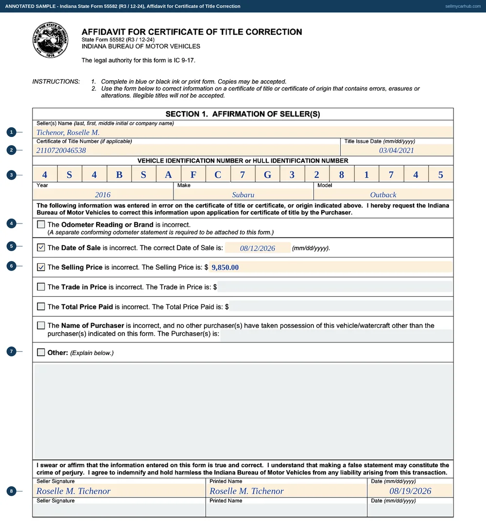 Indiana State Form 55582 filled in: seller Tichenor, Roselle M., certificate of title number 2110720046538 issued 4 March 2021, a 2016 Subaru Outback with VIN 4S4BSAFC7G3281745, the Date of Sale tick marked with a corrected date of 12 August 2026, the Selling Price tick marked with 9,850 dollars, the odometer, trade-in, total price, purchaser and Other lines left grey, and one seller signature row completed on 19 August 2026.