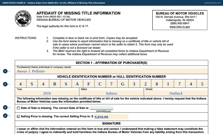 Top of our filled-in example of Indiana State Form 56620, Affidavit of Missing Title Information