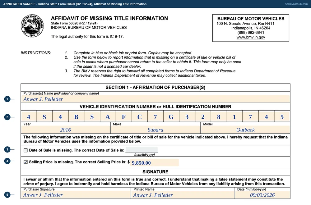 Indiana State Form 56620 filled in by a buyer: purchaser Anwar J. Pelletier, a 2016 Subaru Outback with VIN 4S4BSAFC7G3281745, the Selling Price is missing box ticked with 9,850 dollars written in, the Date of Sale line left grey and unticked, and the purchaser's signature dated 3 September 2026.
