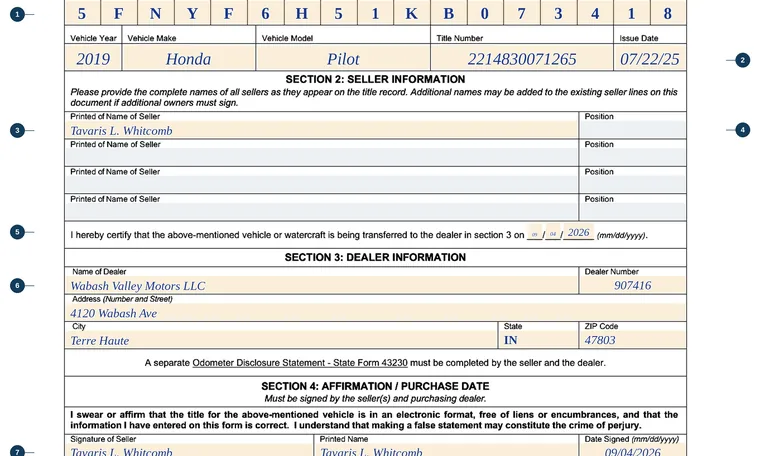 Part of our filled-in example of Indiana State Form 57738, Electronic Title Transfer, showing the filled-in entries